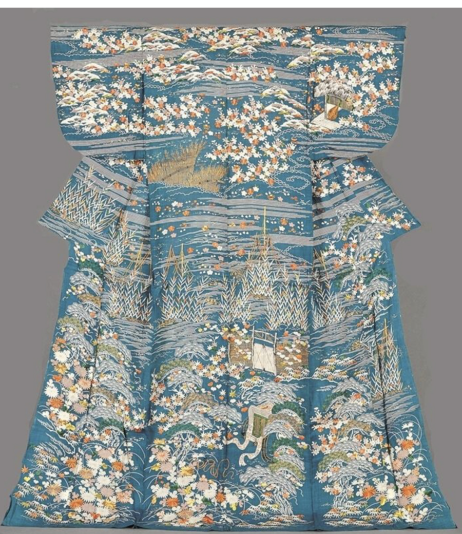 帷子 納戸麻地春秋景に御所殿舎模様