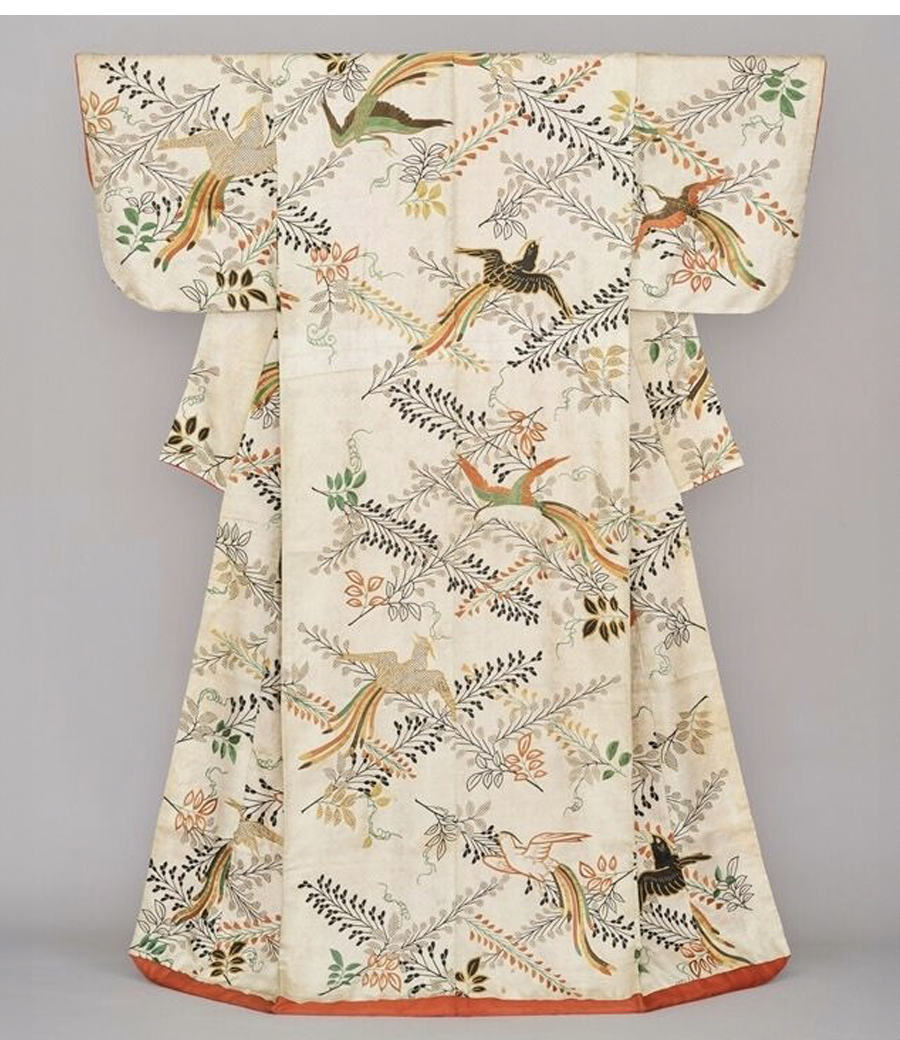 打掛 白綸子地藤菱尾長鳥模様