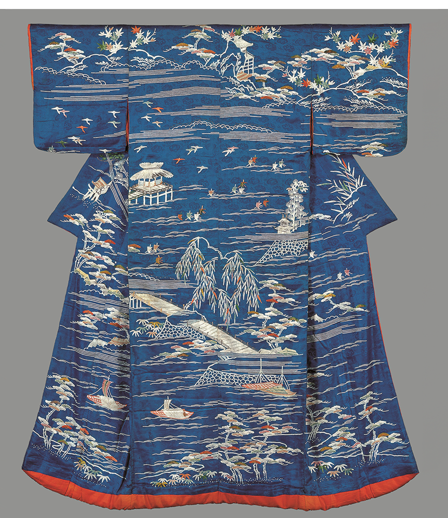 小袖 納戸綸子地近江八景模様